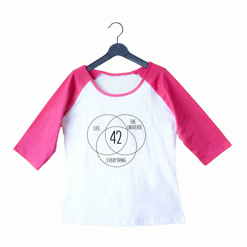 Nerd HITCHHIKERS GUIDE 42 MEANING OF LIFE Custom Printed Graphic Design Raglan T-Shirt for Women